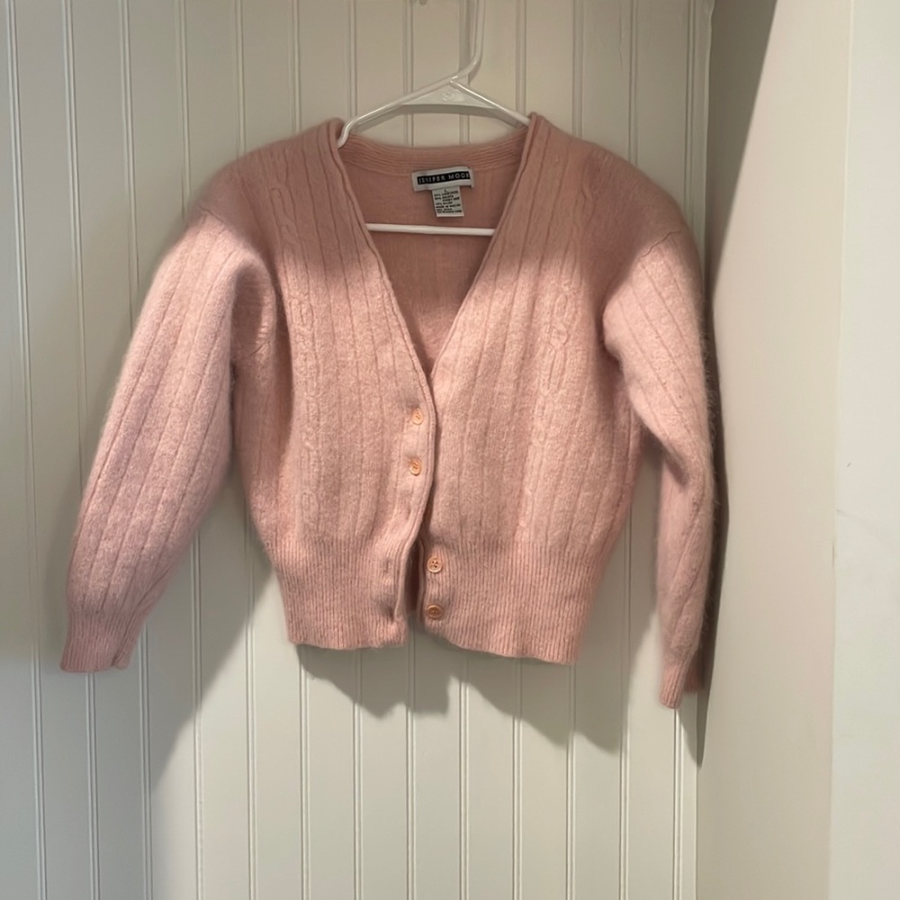 Vintage fuzzy button up cropped cardigan sweater baby pink